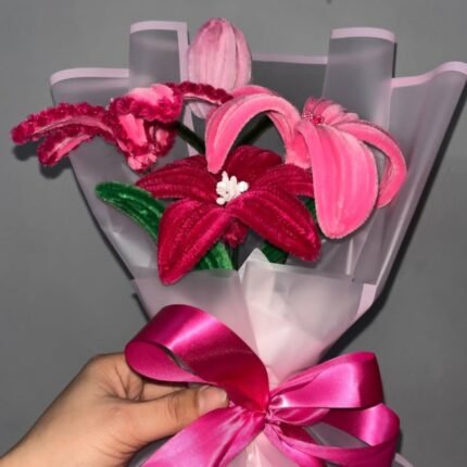 Handcrafted Velvet Lily & Rose Bouquet – Royal Pink Edition